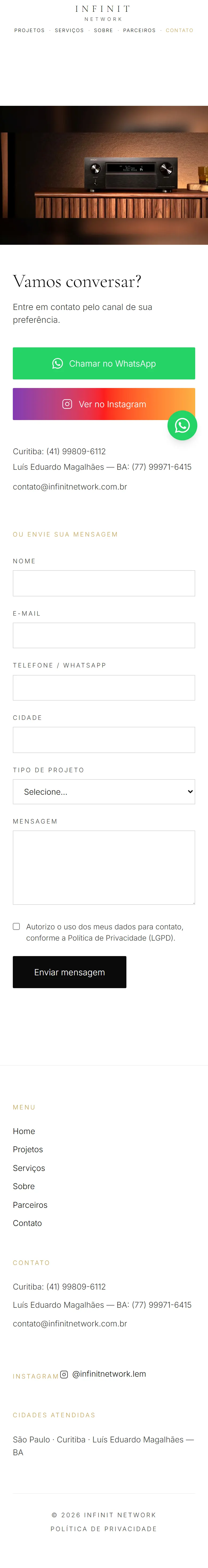 Página de contato no celular com botão de WhatsApp e os dois telefones